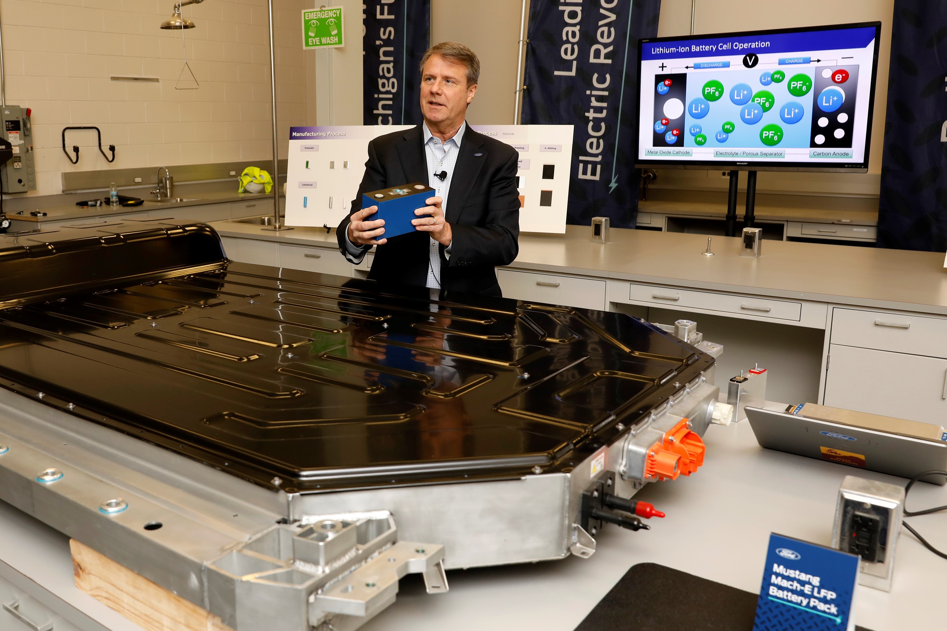 Ted Miller, Manager, Ford Battery Cell Research and Advanced Engineering, Ford Motor Company, holds a lithium iron phosphate (LFP) battery during a presentation on Monday, Feb. 13, 2023 at Ford Ion Park in Romulus, Mich. Ford is investing $3.5 billion in the countryÕs first automaker-backed LFP battery plant, offering customers a second battery technology within FordÕs electric vehicle lineup.